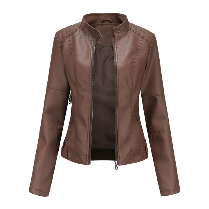 Women’s Stand Collar Zip Up Biker Jacket | Zip Pockets