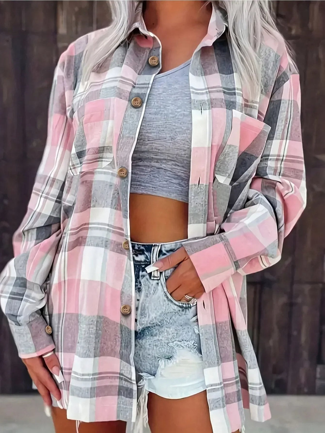 Women’s Plaid Button Front Shirt Jacket | Oversized