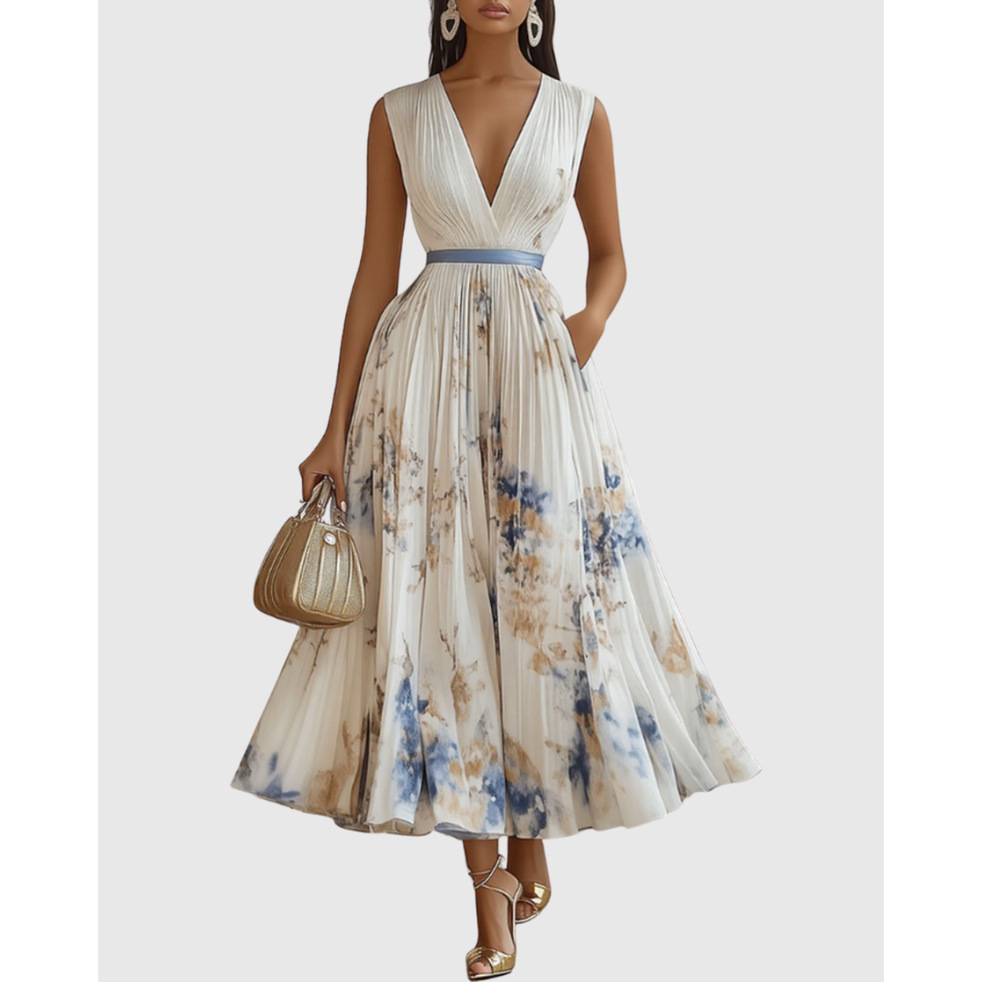 Women's Elegant Floral A-Line Pleated Wedding Guest Dress | Midi