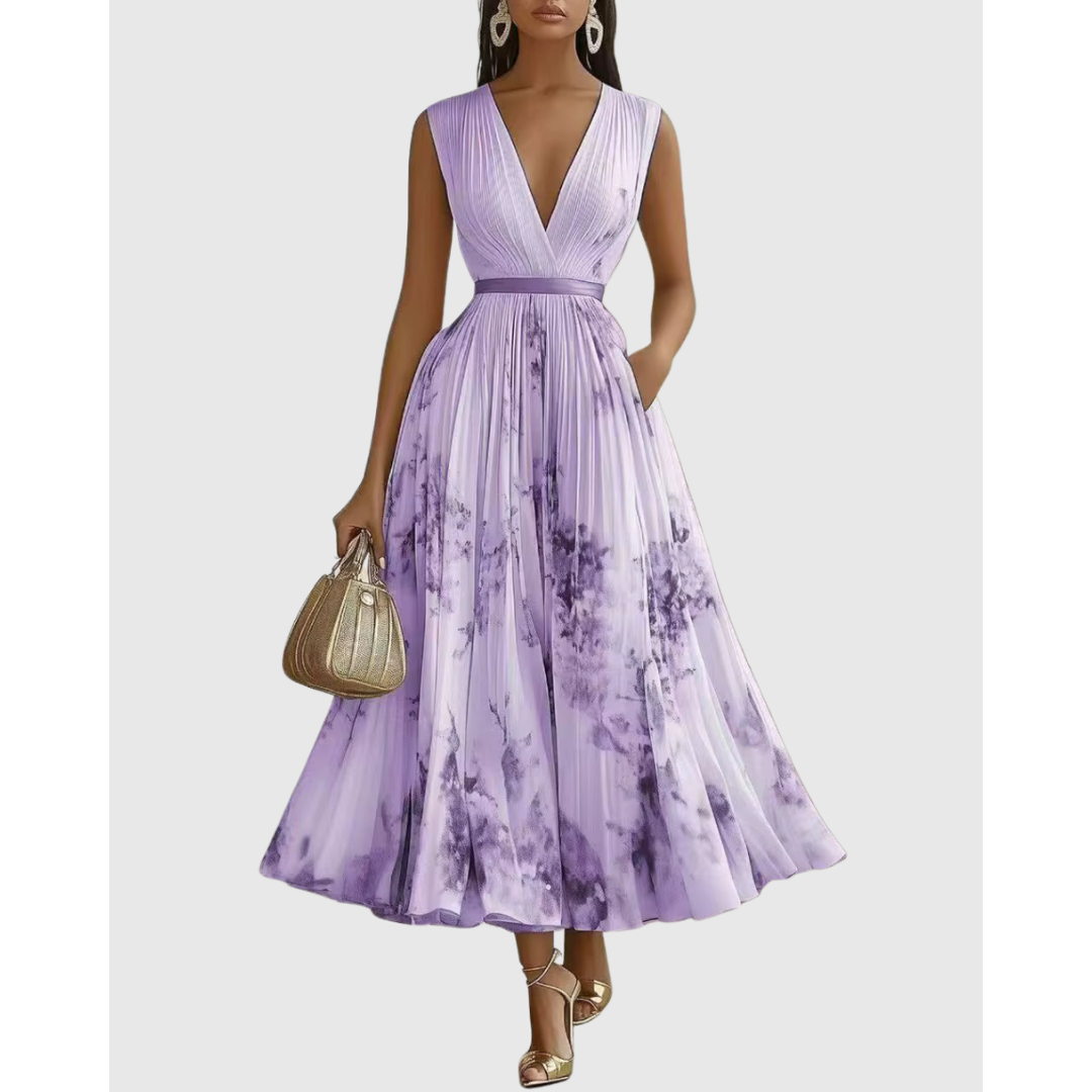 Women's Elegant Floral A-Line Pleated Wedding Guest Dress | Midi