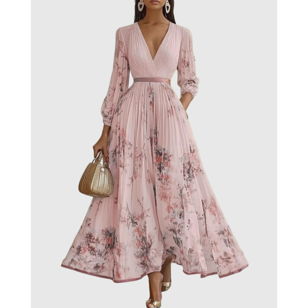 Women's Elegant Floral A-Line Pleated Wedding Guest Dress | Midi
