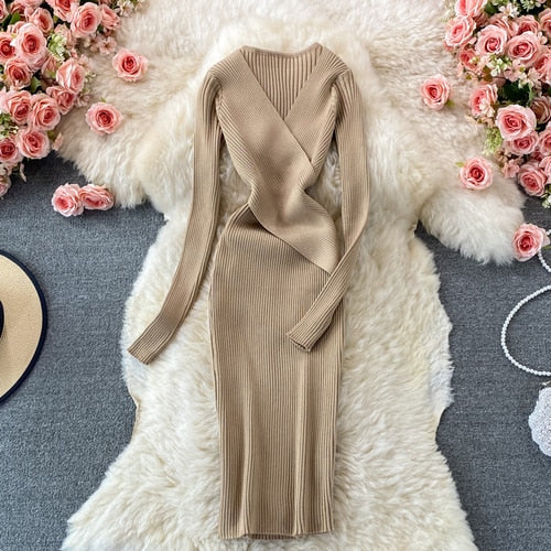 Women’s Wrap Ribbed Knit Bodycon Dress | Midi