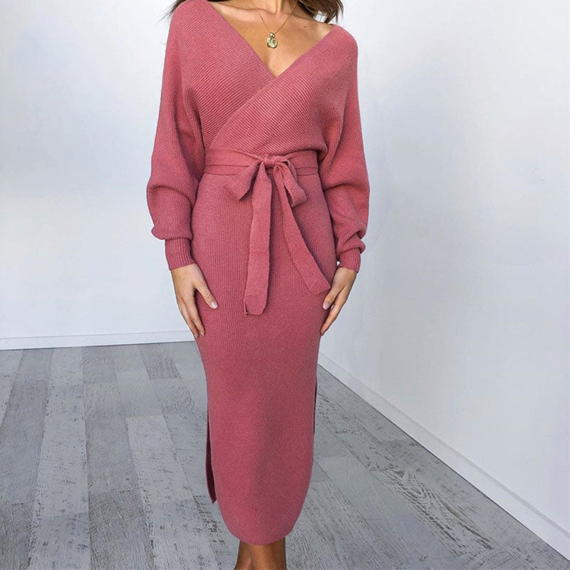 Women’s Knitted Wrap Dress with Tie Belt | Midi