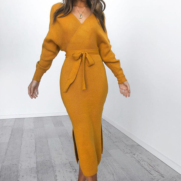 Women’s Knitted Wrap Dress with Tie Belt | Midi