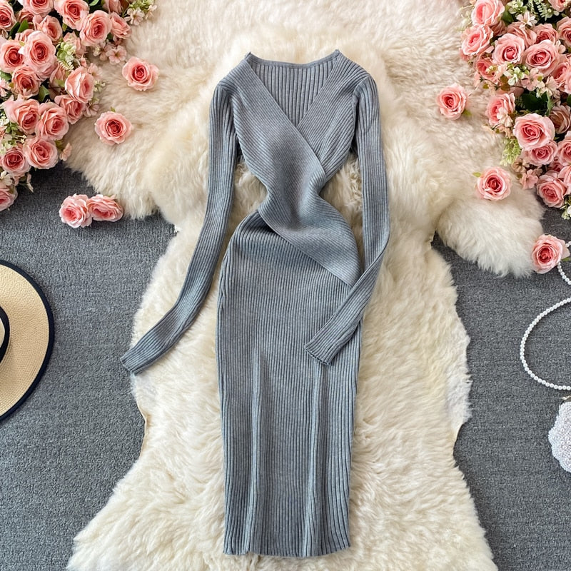 Women’s Wrap Ribbed Knit Bodycon Dress | Midi