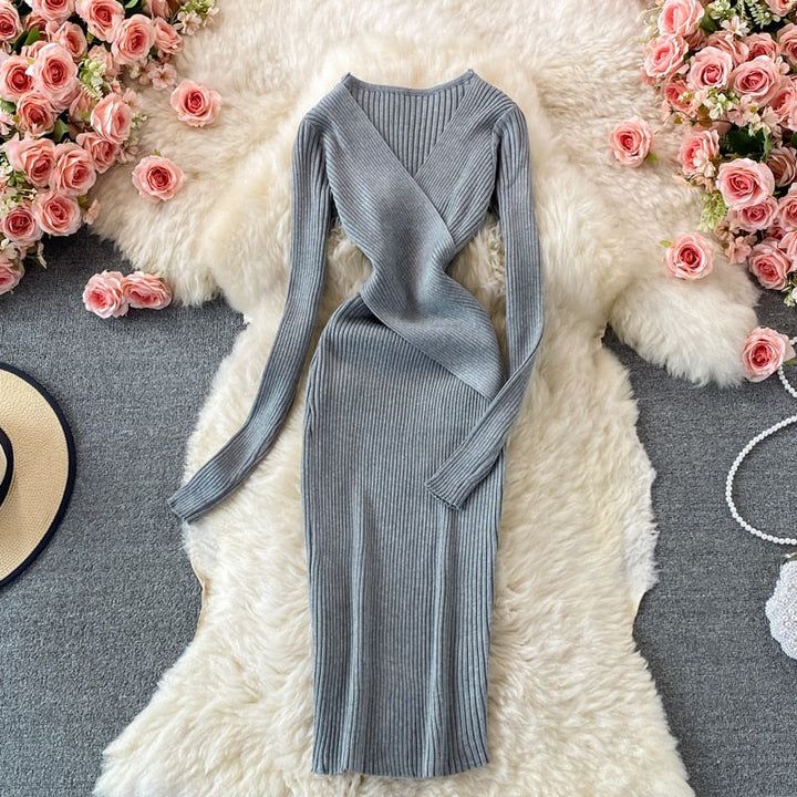 Women’s Wrap Ribbed Knit Bodycon Dress | Midi