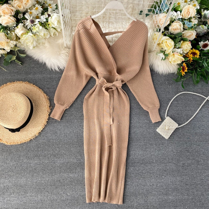 Women’s Batwing Knitted Dress with Tie Belt | Midi