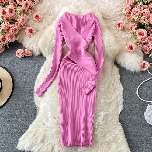 Women’s Wrap Ribbed Knit Bodycon Dress | Midi