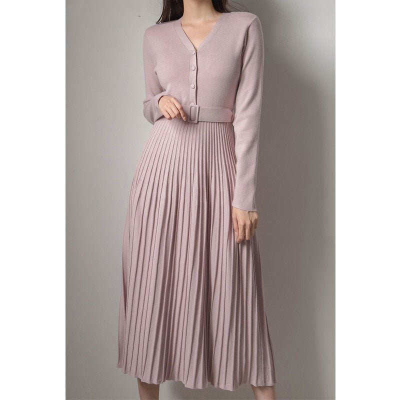 Women’s Pleated Knitted Belted Dress | Midi