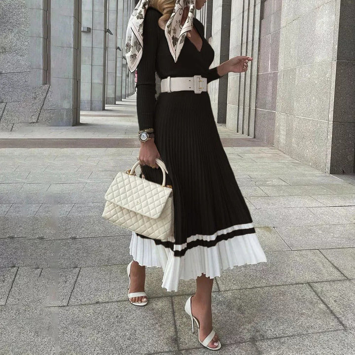 Women’s Pleated Ribbed Dress with Belt | Midi