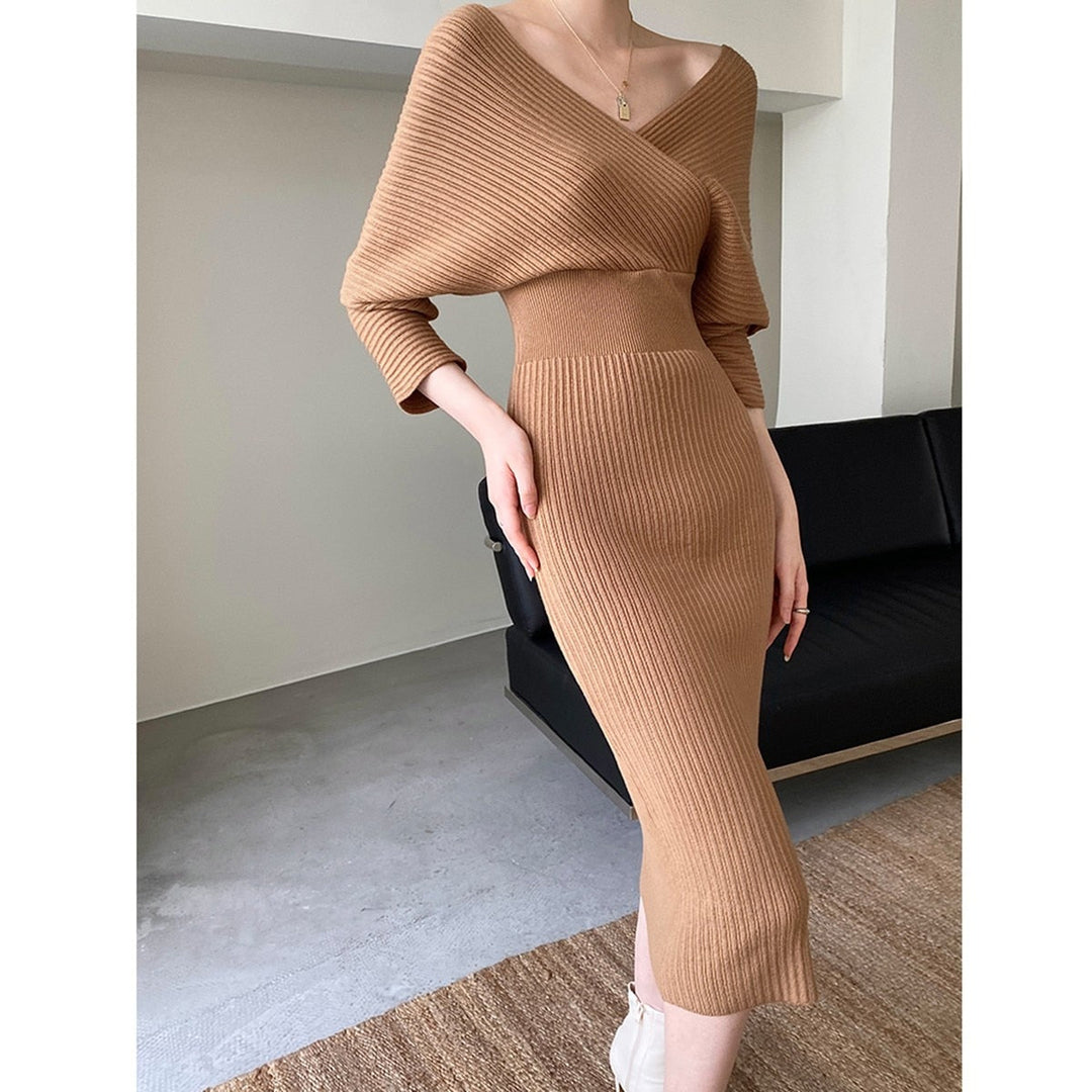 Women’s Slim-Fit Ribbed Knit Wrap Dress | Midi