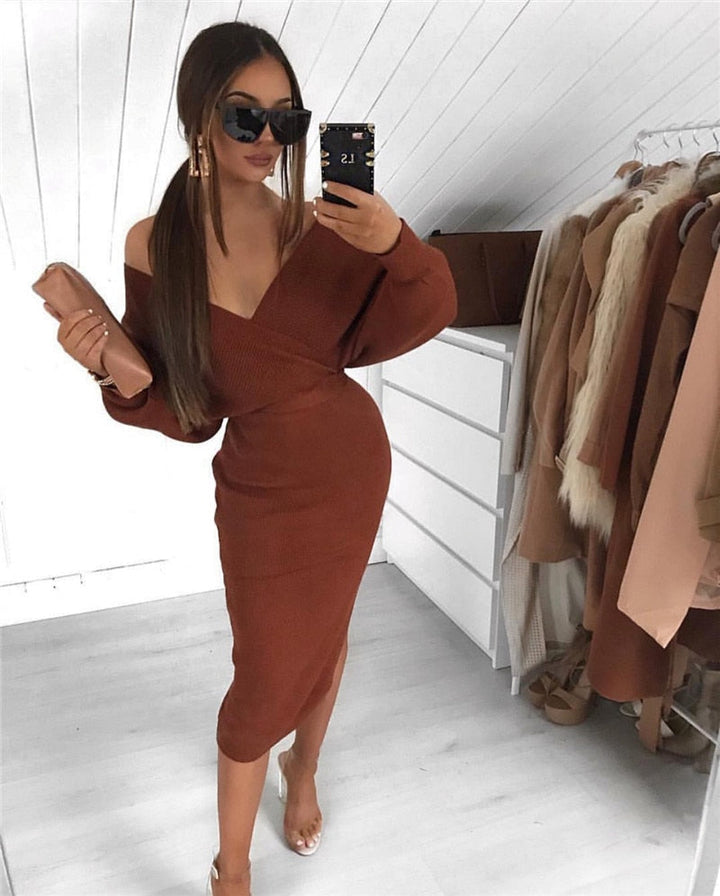 Women’s Pencil Dress with Off-Shoulder Neckline | Midi