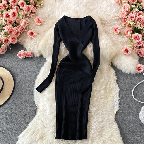 Women’s Wrap Ribbed Knit Bodycon Dress | Midi