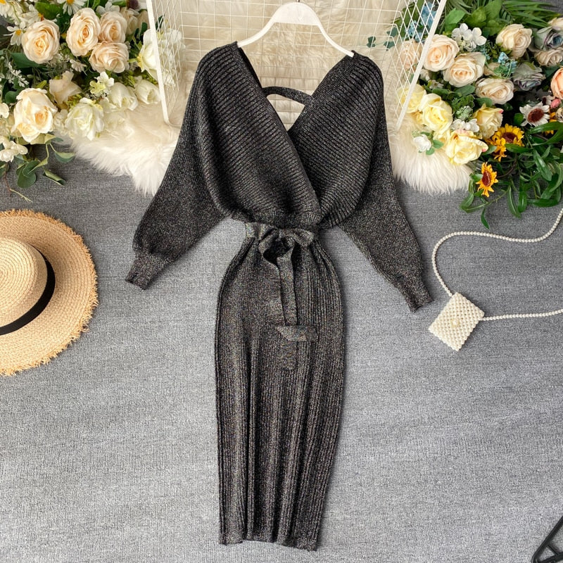 Women’s Batwing Knitted Dress with Tie Belt | Midi