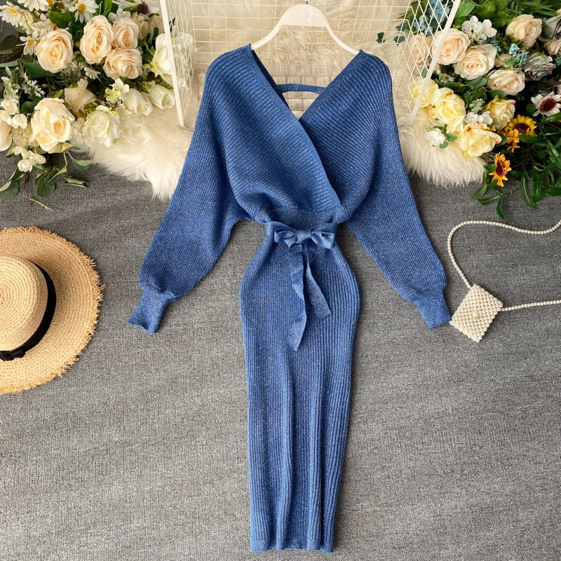 Women’s Batwing Knitted Dress with Tie Belt | Midi