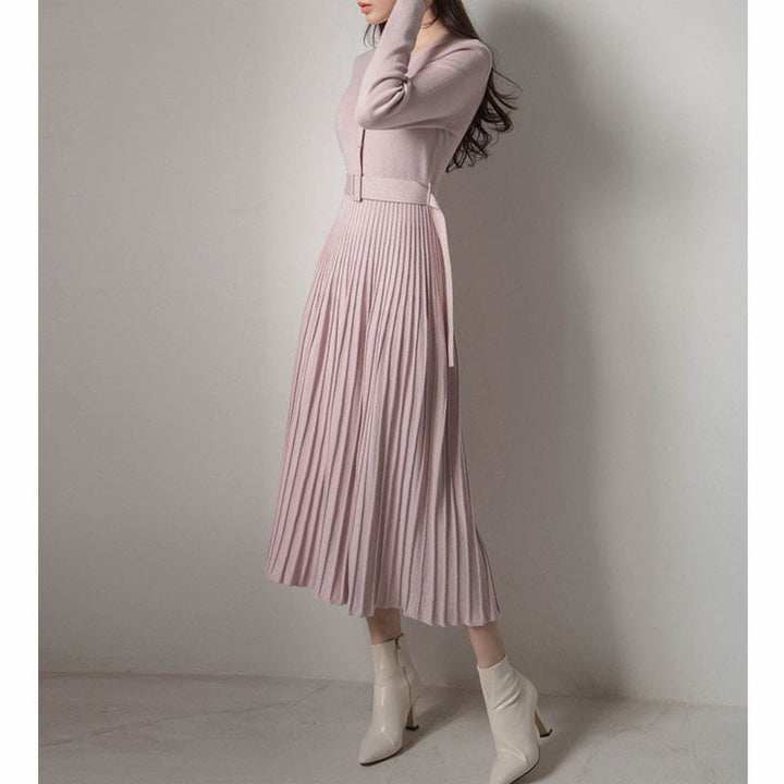 Women’s Pleated Knitted Belted Dress | Midi