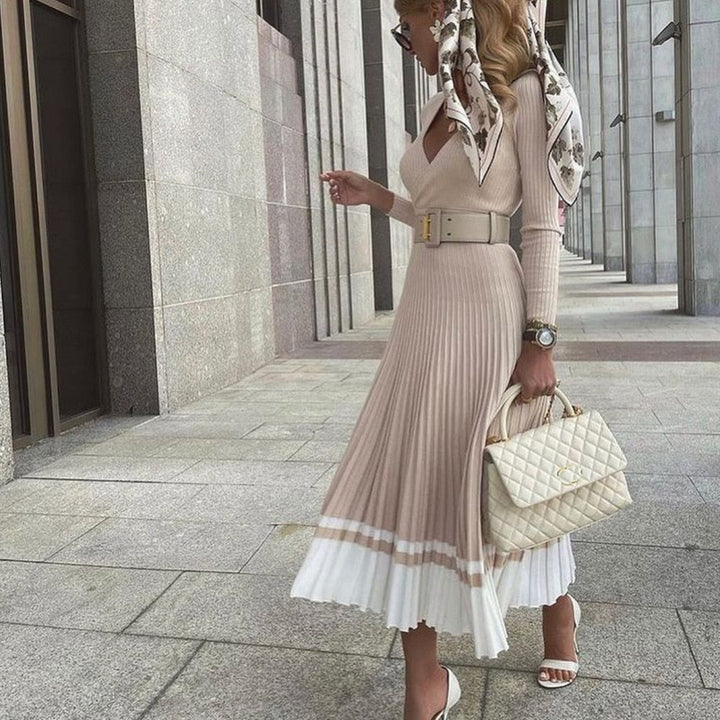 Women’s Pleated Ribbed Dress with Belt | Midi