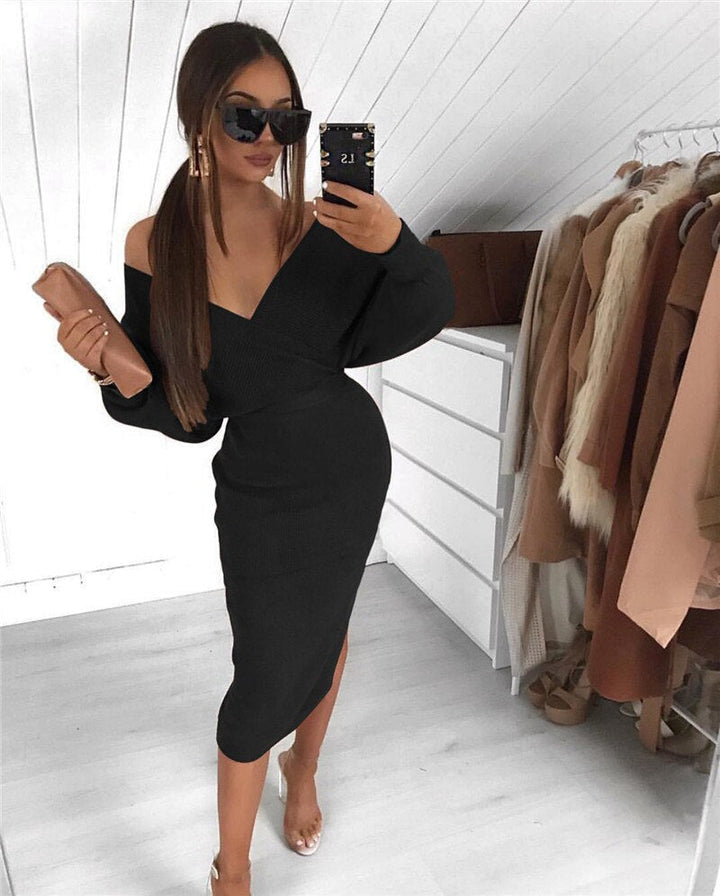 Women’s Pencil Dress with Off-Shoulder Neckline | Midi