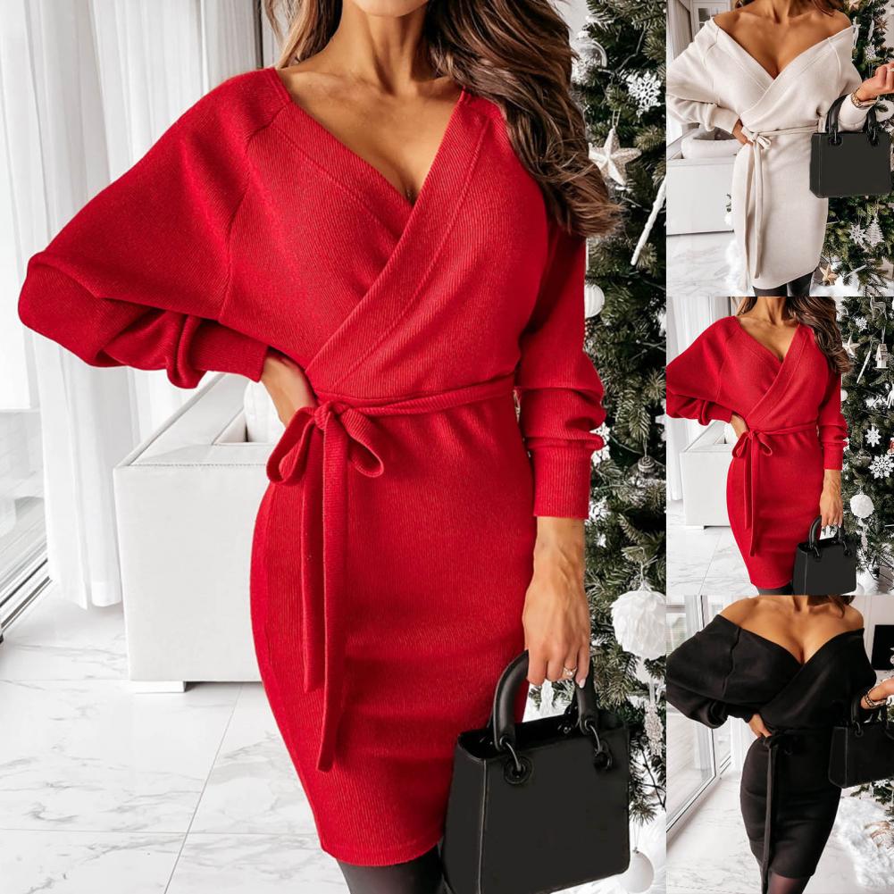 Women’s Knitted Wrap Dress with Belt | Mini