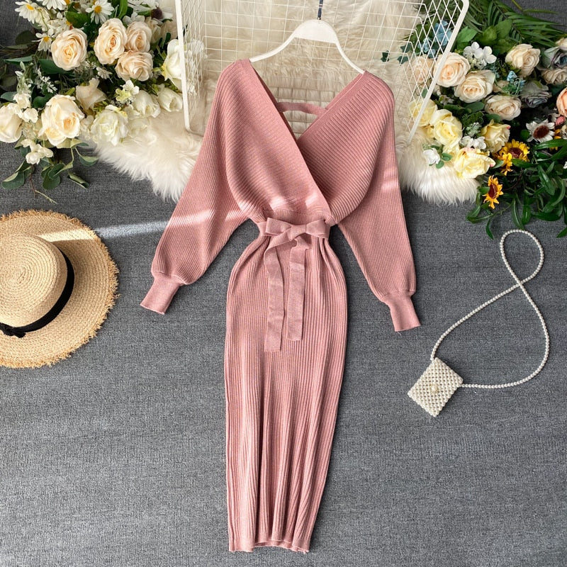 Women’s Batwing Knitted Dress with Tie Belt | Midi