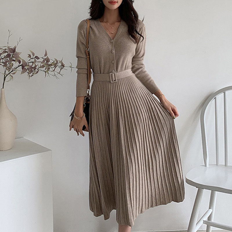 Women’s Pleated Knitted Belted Dress | Midi