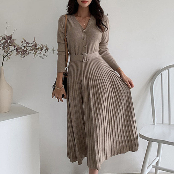 Women’s Pleated Knitted Belted Dress | Midi