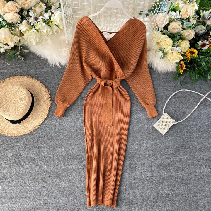 Women’s Batwing Knitted Dress with Tie Belt | Midi