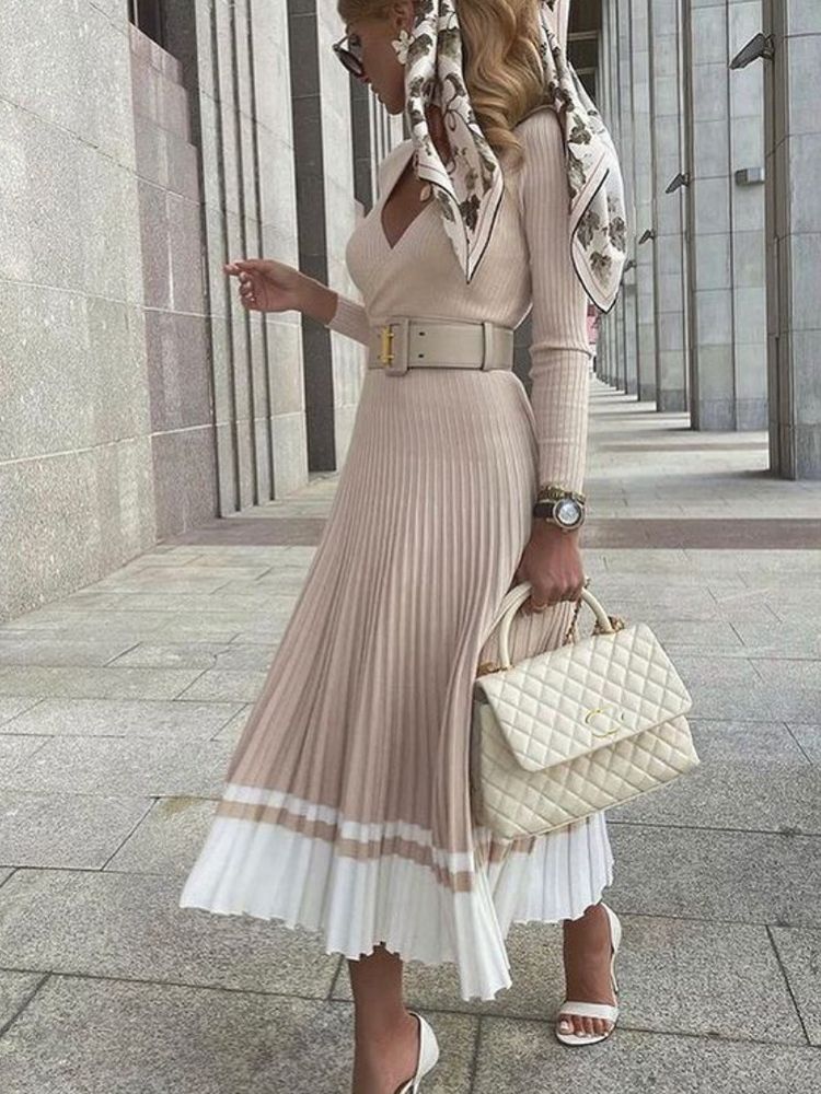 Women’s Pleated Ribbed Dress with Belt | Midi