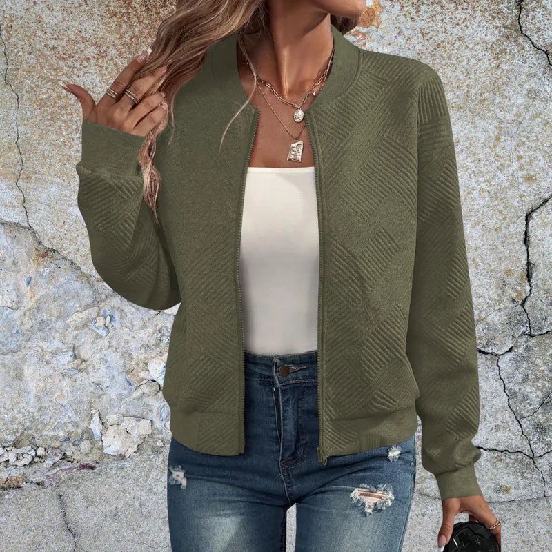 Women’s Casual Textured Bomber Jacket | Ribbed Collar