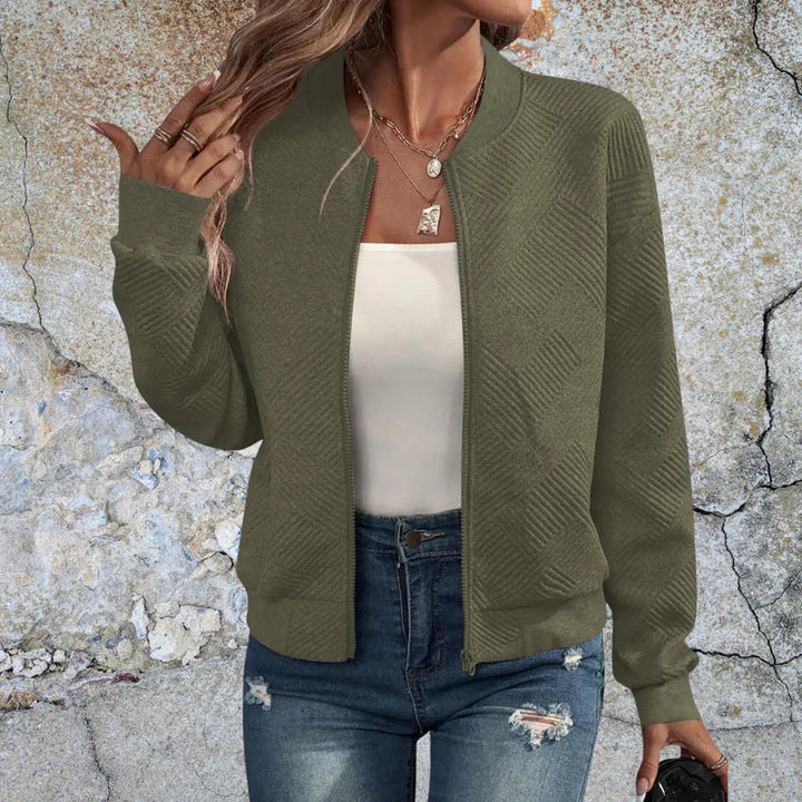 Women’s Casual Textured Bomber Jacket | Ribbed Collar