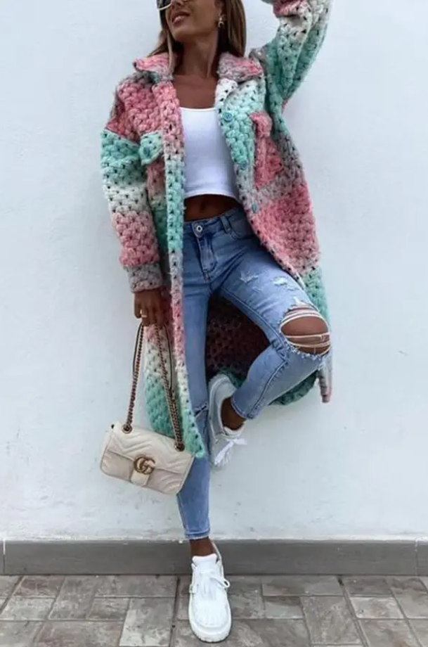 Women's Long Chunky Knitted Cardigan | Collar
