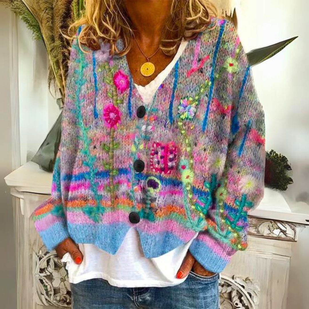 Women's Knitted Printed Sweater | Button Down