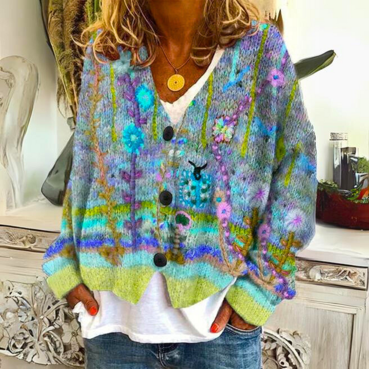 Women's Knitted Printed Sweater | Button Down