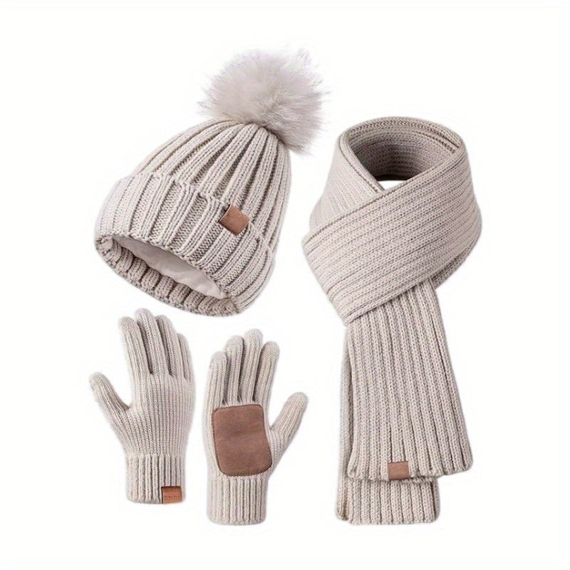 Women's 3-Piece Knitted Beanie Hat, Scarf And Gloves Set | Winter