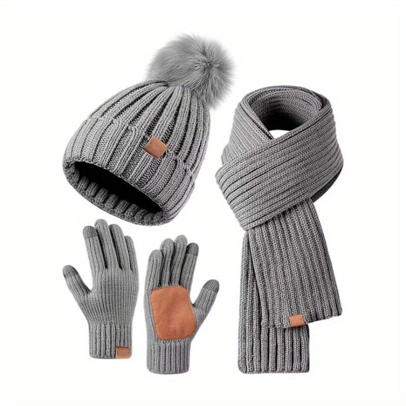 Women's 3-Piece Knitted Beanie Hat, Scarf And Gloves Set | Winter