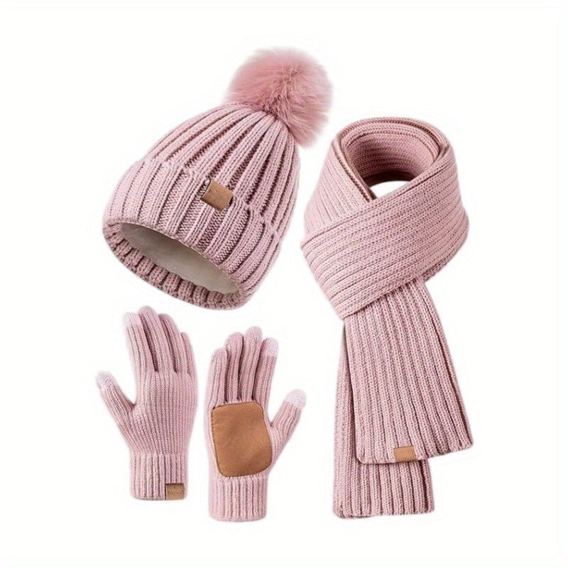 Women's 3-Piece Knitted Beanie Hat, Scarf And Gloves Set | Winter