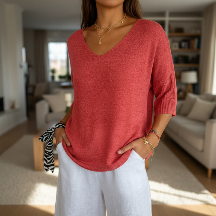 Women’s V-Neck Knit Top | 3/4 Sleeves