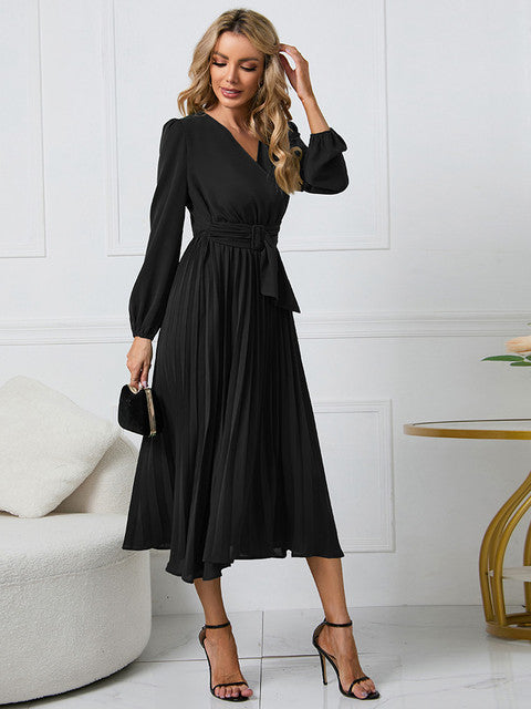 Women's Wrap Pleated Belted Dress | Midi
