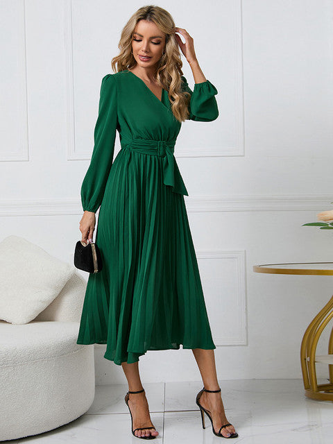 Women's Wrap Pleated Belted Dress | Midi