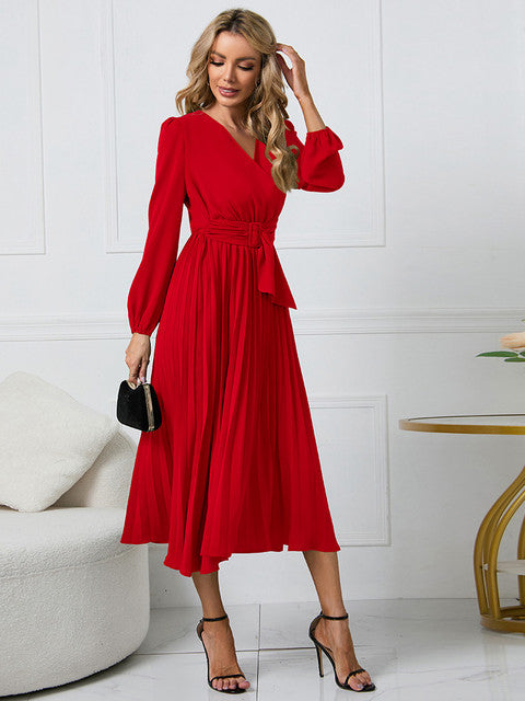 Women's Wrap Pleated Belted Dress | Midi