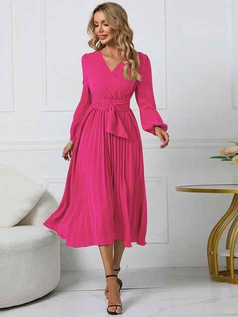 Women's Wrap Pleated Belted Dress | Midi