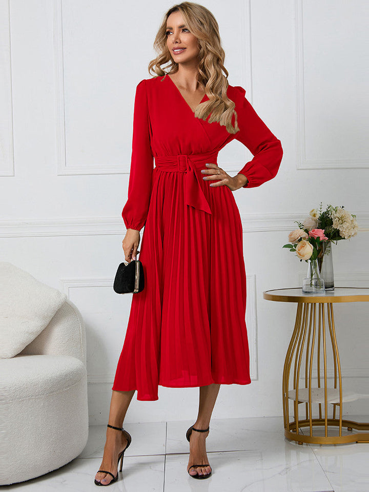 Women's Wrap Pleated Belted Dress | Midi