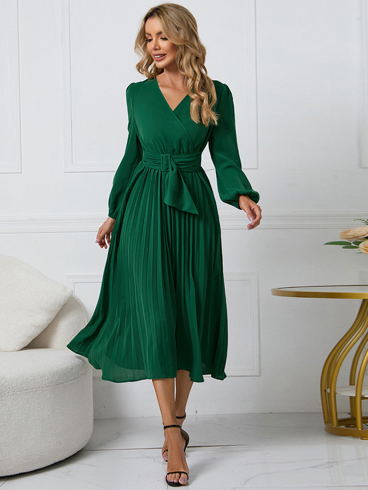 Women's Wrap Pleated Belted Dress | Midi