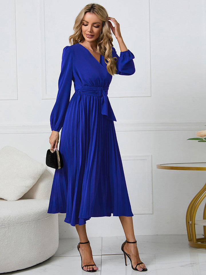Women's Wrap Pleated Belted Dress | Midi