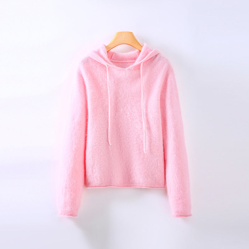 Women's Drawstring Plain Knitted Hoodie | Winter
