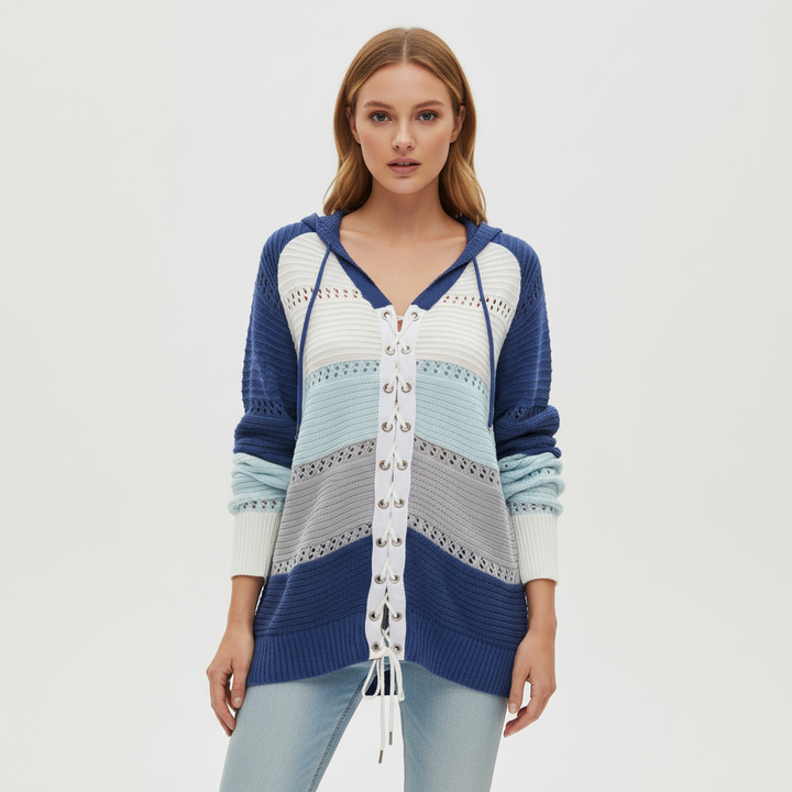 Women’s Hooded Lace Up Knit Jumper | Openwork Panels