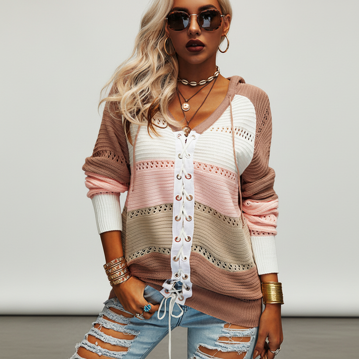 Women’s Hooded Lace Up Knit Jumper | Openwork Panels