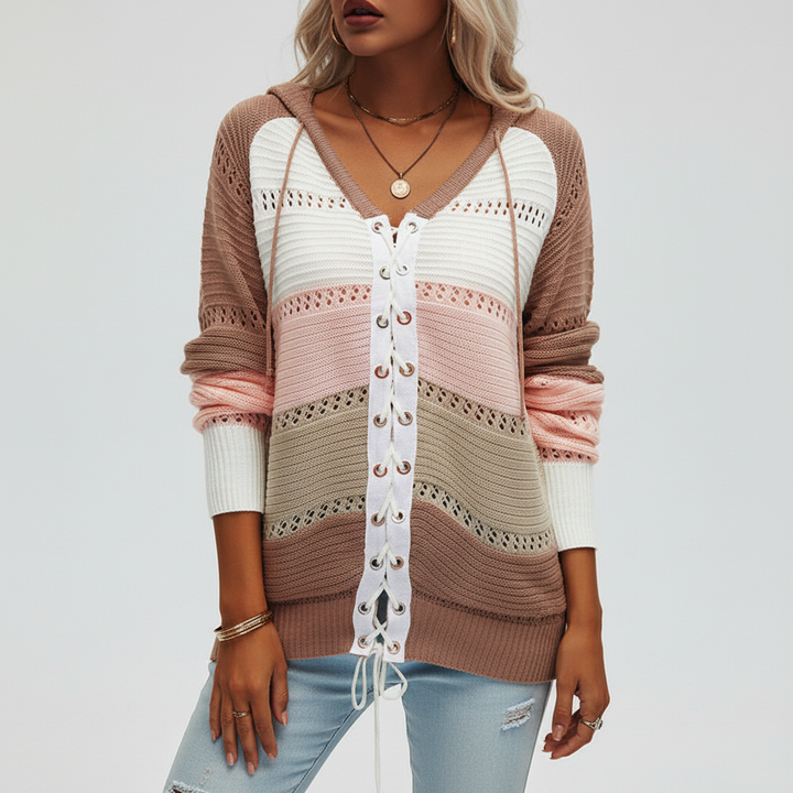 Women’s Hooded Lace Up Knit Jumper | Openwork Panels