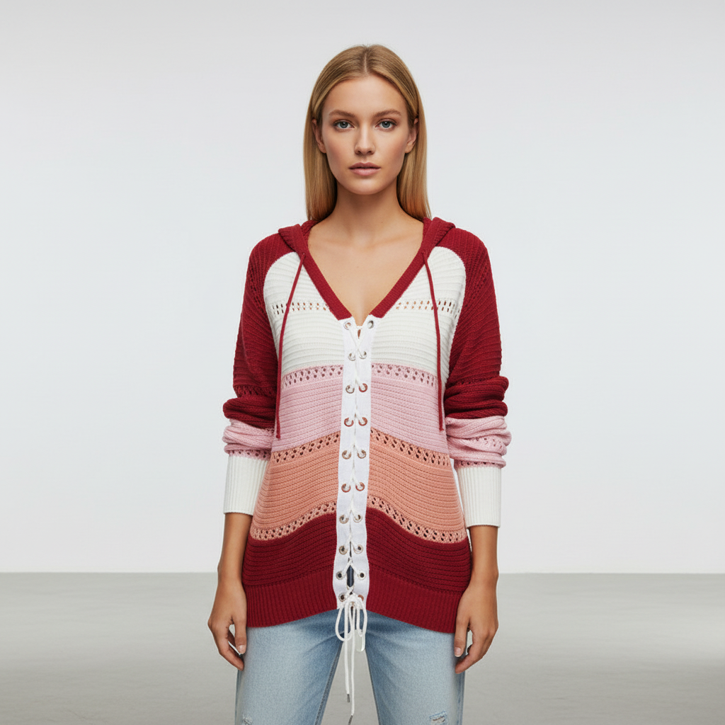Women’s Hooded Lace Up Knit Jumper | Openwork Panels