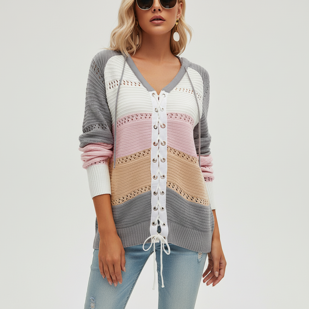 Women’s Hooded Lace Up Knit Jumper | Openwork Panels